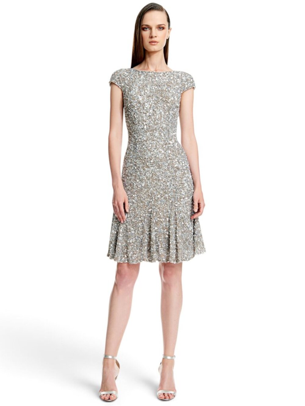 Theia Crunchy Cap Sleeve Sequin Flare Hem Dress Silver Metallic Putty New NWT 8
